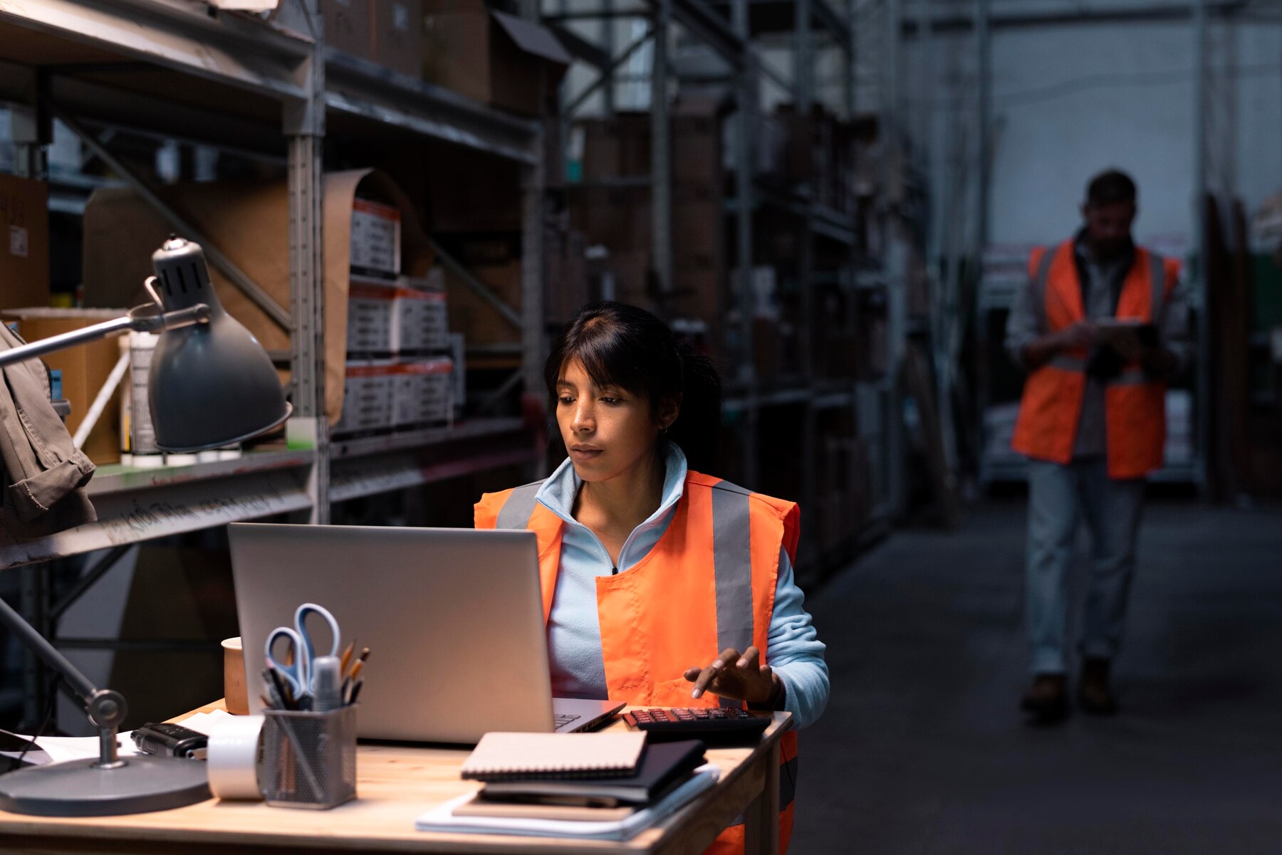 Warehouse professional reviewing information on a laptop