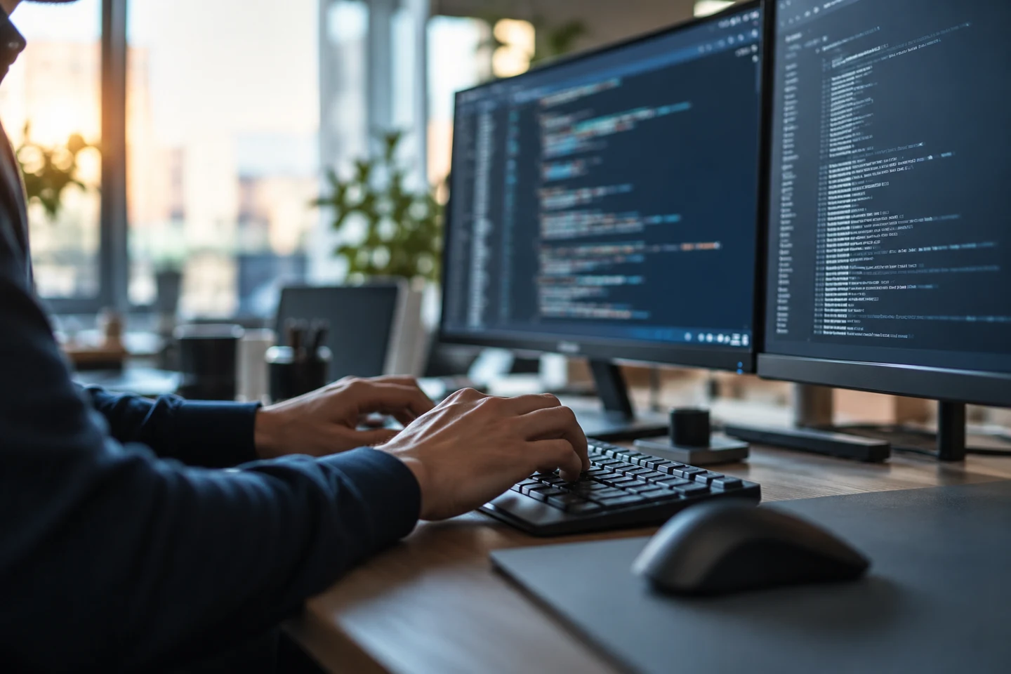 Engineer working with application code on two monitors