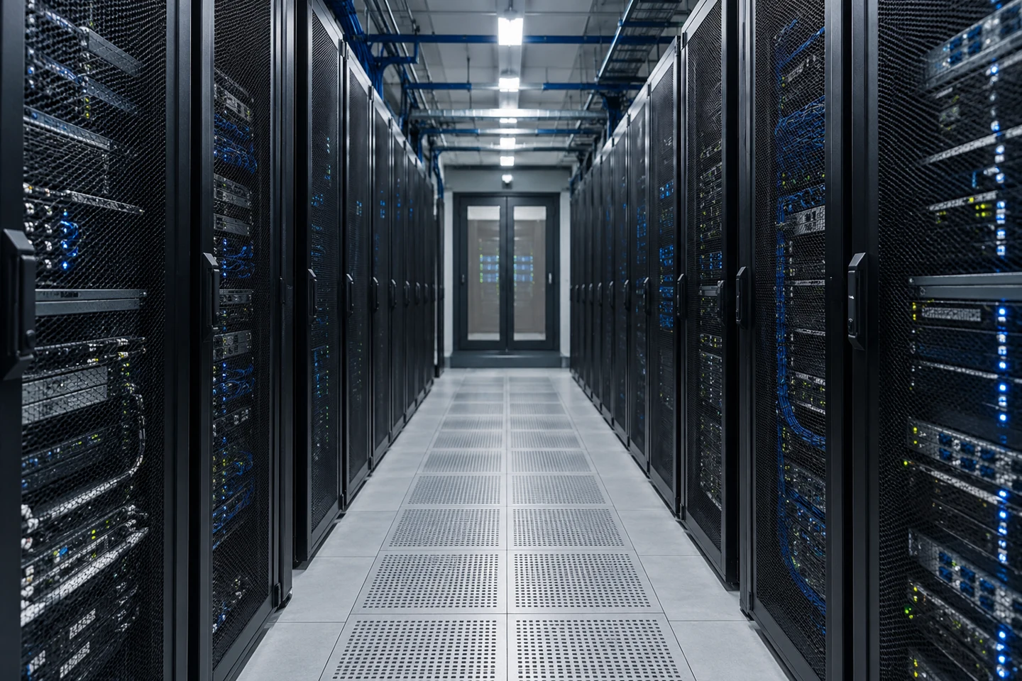 Data center infrastructure with rows of server racks