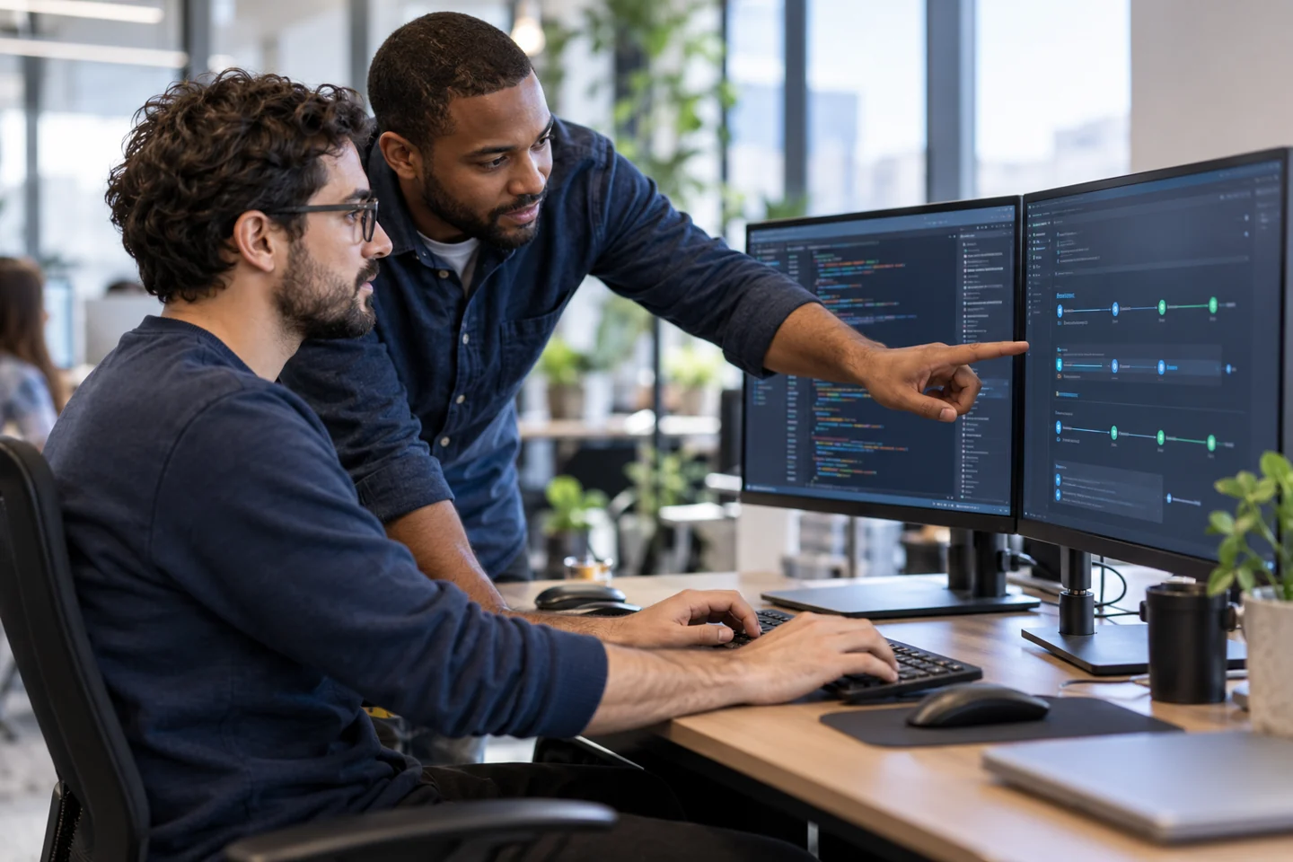 Engineers reviewing code and a software delivery environment