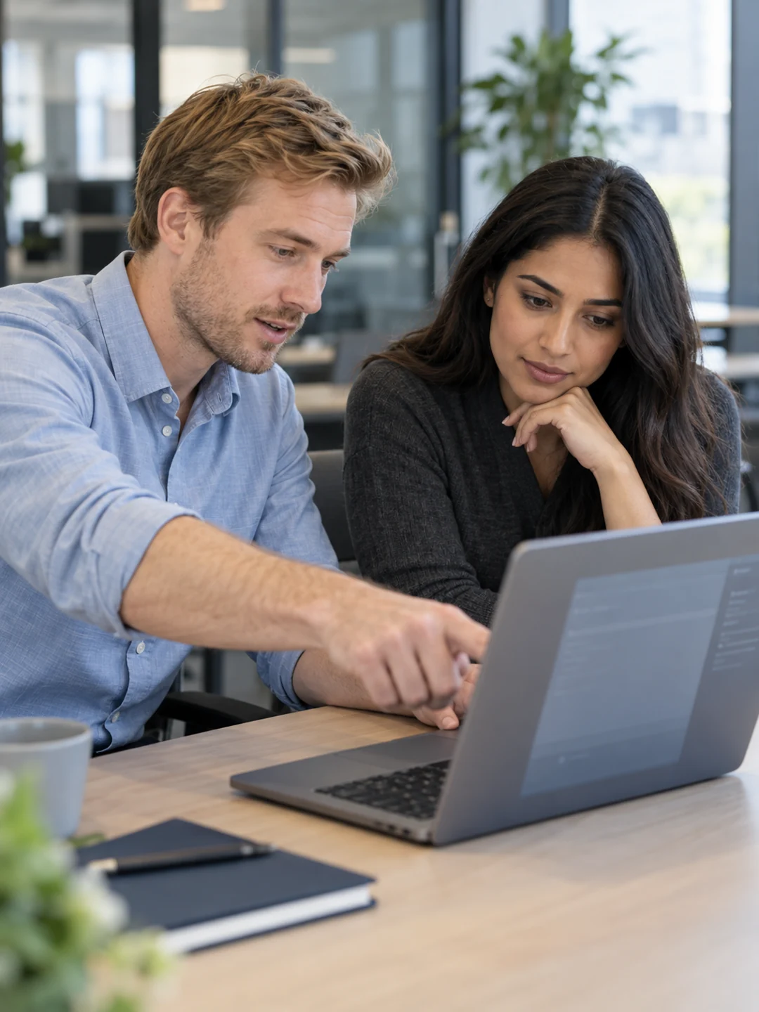 Colleagues reviewing system information together on a laptop