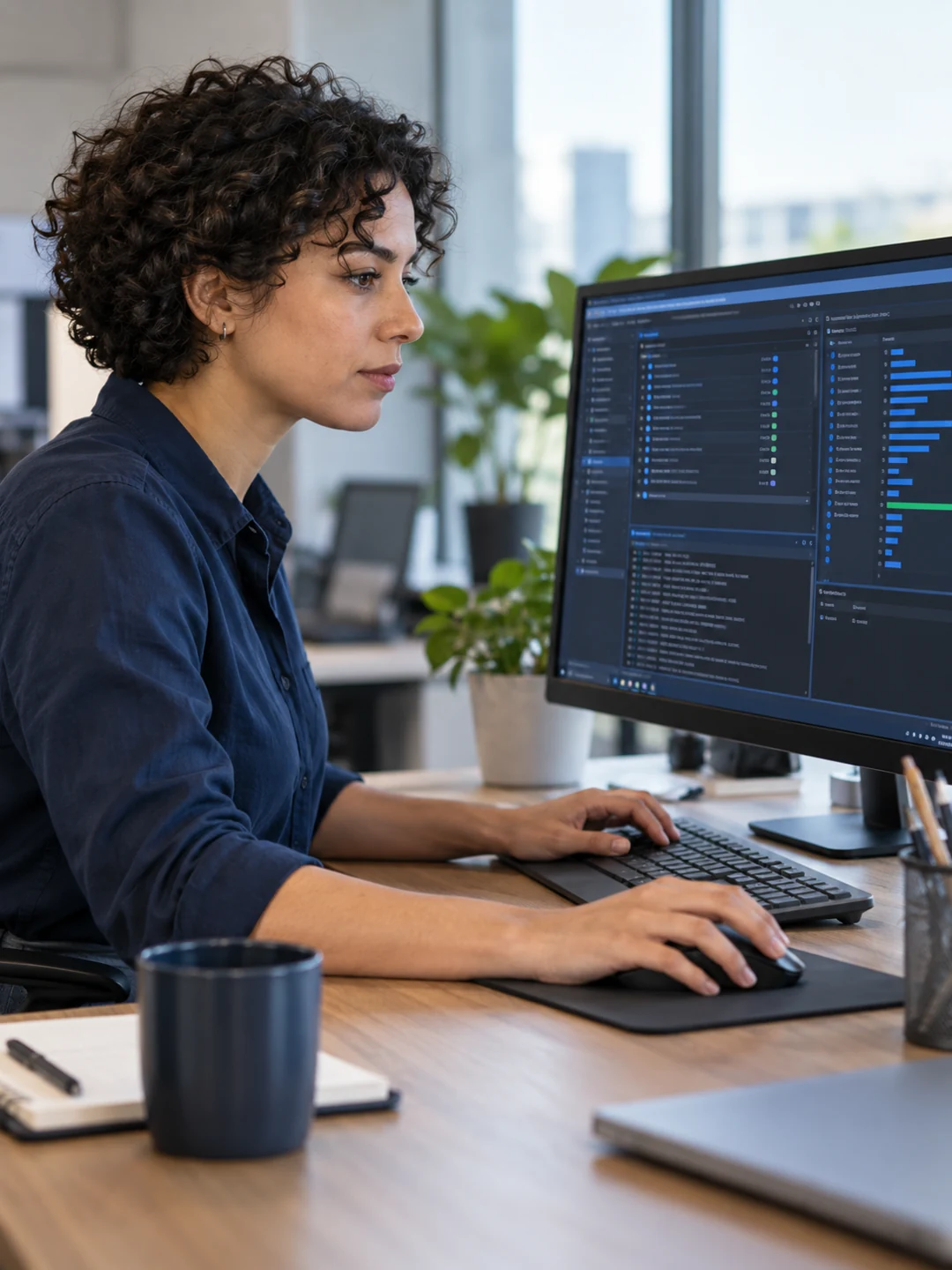 Engineer reviewing application information on workstation monitors
