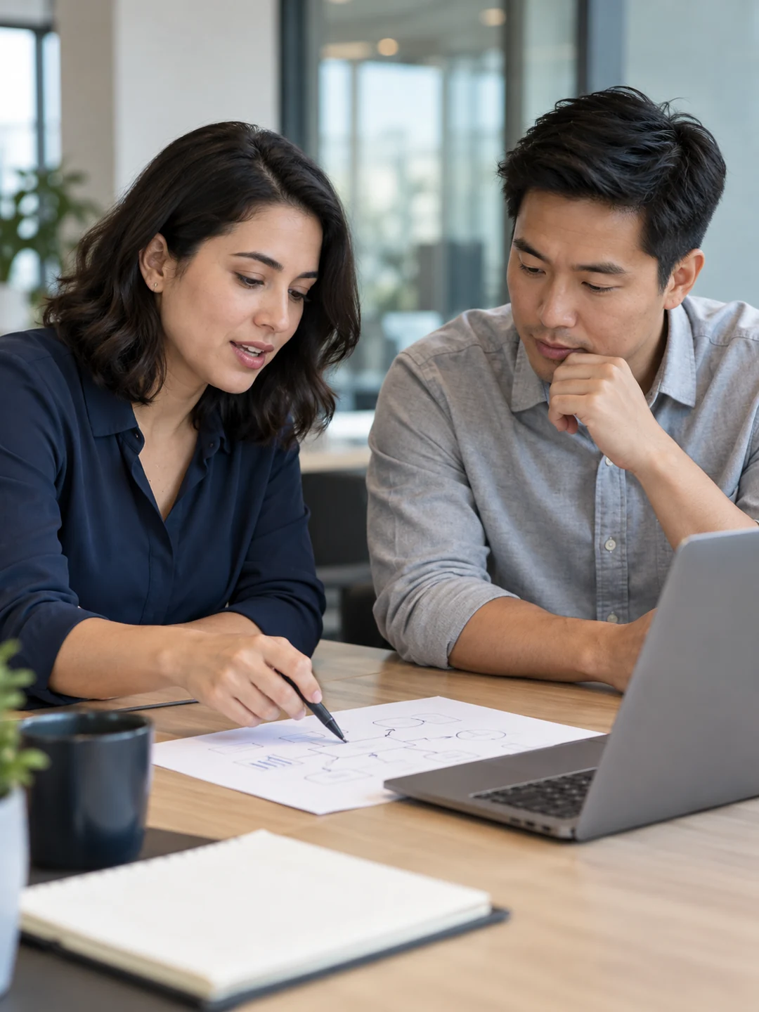 Colleagues reviewing a project plan at a desk